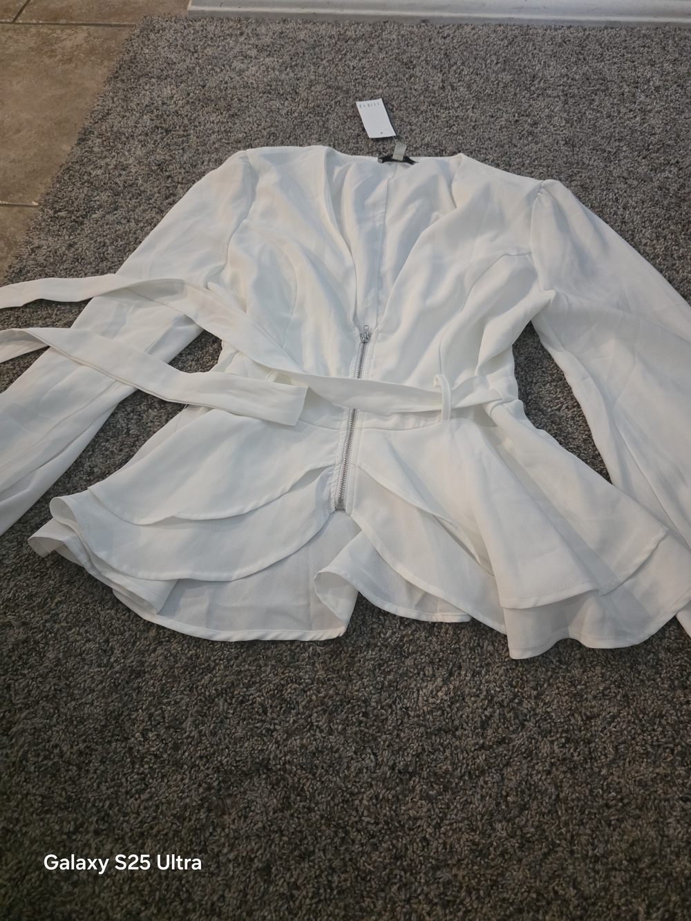 Papaya White Ruffled Belted Blouse